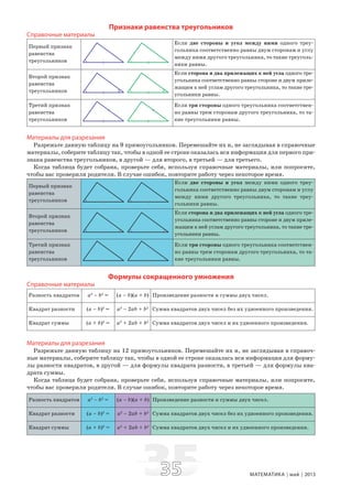 3535 МАТЕМАТИКА май 2013
Признаки равенства треугольников
Справочные материалы
Первый признак
равенства
треугольников
Если две стороны и угол между ними одного треу-
гольника соответственно равны двум сторонам и углу
между ними другого треугольника, то такие треуголь-
ники равны.
Второй признак
равенства
треугольников
Если сторона и два прилежащих к ней угла одного тре-
угольника соответственно равны стороне и двум приле-
жащим к ней углам другого треугольника, то такие тре-
угольники равны.
Третий признак
равенства
треугольников
Если три стороны одного треугольника соответствен-
но равны трем сторонам другого треугольника, то та-
кие треугольники равны.
Материалы для разрезания
Разрежьте данную таблицу на 9 прямоугольников. Перемешайте их и, не заглядывая в справочные
материалы, соберите таблицу так, чтобы в одной ее строке оказалась вся информация для первого при-
знака равенства треугольников, в другой — для второго, в третьей — для третьего.
Когда таблица будет собрана, проверьте себя, используя справочные материалы, или попросите,
чтобы вас проверили родители. В случае ошибок, повторите работу через некоторое время.
Первый признак
равенства
треугольников
Если две стороны и угол между ними одного треу-
гольника соответственно равны двум сторонам и углу
между ними другого треугольника, то такие треу-
гольники равны.
Второй признак
равенства
треугольников
Если сторона и два прилежащих к ней угла одного тре-
угольника соответственно равны стороне и двум приле-
жащим к ней углам другого треугольника, то такие тре-
угольники равны.
Третий признак
равенства
треугольников
Если три стороны одного треугольника соответствен-
но равны трем сторонам другого треугольника, то та-
кие треугольники равны.
Формулы сокращенного умножения
Справочные материалы
Разность квадратов a2
– b2
= (a – b)(a + b) Произведение разности и суммы двух чисел.
Квадрат разности (a – b)2
= a2
– 2ab + b2
Сумма квадратов двух чисел без их удвоенного произведения.
Квадрат суммы (a + b)2
= a2
+ 2ab + b2
Сумма квадратов двух чисел и их удвоенного произведения.
Материалы для разрезания
Разрежьте данную таблицу на 12 прямоугольников. Перемешайте их и, не заглядывая в справоч-
ные материалы, соберите таблицу так, чтобы в одной ее строке оказалась вся информация для форму-
лы разности квадратов, в другой — для формулы квадрата разности, в третьей — для формулы ква-
драта суммы.
Когда таблица будет собрана, проверьте себя, используя справочные материалы, или попросите,
чтобы вас проверили родители. В случае ошибок, повторите работу через некоторое время.
Разность квадратов a2
– b2
= (a – b)(a + b) Произведение разности и суммы двух чисел.
Квадрат разности (a – b)2
= a2
– 2ab + b2
Сумма квадратов двух чисел без их удвоенного произведения.
Квадрат суммы (a + b)2
= a2
+ 2ab + b2
Сумма квадратов двух чисел и их удвоенного произведения.
 