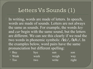 

In writing, words are made of letters. In speech,
words are made of sounds. Letters are not always
the same as sounds. For example, the words key
and car begin with the same sound, but the letters
are different. We can see this clearly if we read the
two words in phonemic symbols: /ki:/, /kA:/. In
the examples below, word pairs have the same
pronunciation but different spelling:
• Buy
• Weak
• Too

bye
week
two

sun
weigh
write

son
way
right

 