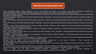 REFERENCIAS BIBLIOGRÁFICAS
Avance Psicológicos. (2020). Terapia humanista: qué es y qué propone para ayudar a las personas. Blog Avance Psicológicos. Disponible en:
https://www.avancepsicologos.com/terapia-humanista-que-es-y-que-propone-para-ayudar-a-las-personas/ Consultado: 23 de febrero del 2021.
Centro R&A Psicólogos. ¿Qué es la psicoterapia? Blog RyAPsicólogos. Disponible en: https://www.ryapsicologos.net/faq-preguntas-frecuentes/que-es-la-psicoterapia/
Consultado: 23 de febrero del 2021.
Centro R&A Psicólogos. Terapia Cognitivo-Conductual. Blog RyAPsicólogos. Disponible en: https://www.ryapsicologos.net/terapia-cognitivo-conductual/ Consultado: 23
de febrero del 2021.
Centro R&A Psicólogos. Terapia Gestalt. Blog RyAPsicólogos. Disponible en: https://www.ryapsicologos.net/terapia-gestalt-humanista/ Consultado: 23 de febrero del
2021.
Centro R&A Psicólogos. Psicoanálisis. Blog RyAPsicólogos. Disponible en: https://www.ryapsicologos.net/psicoanalisis-terapia-psicoanalitica/ Consultado: 23 de febrero
del 2021.
Figueroba, A. (2018). Terapia psicodinámica: bases teóricas, técnicas y corrientes. Psicología y Mente. Disponible en: https://psicologiaymente.com/clinica/terapia-
psicodinamica Consultado: 23 de febrero del 2021.
Instituto Bios. ¿Qué es la Psicoterapia Integrativa? Instituto de Psicoterapia Integrativa. Disponible en: https://institutobios.es/que-es-la-psicoterapia-integrativa/
Consultado: 23 de febrero del 2021.
Masó, L. (2017). Terapia Humanista: ¿qué es y en qué principios se basa? Psicología y Mente. Disponible en: https://psicologiaymente.com/clinica/terapia-humanista
Consultado: 23 de febrero del 2021.
Mateu-Mollá, J. (2020). Psicoterapia existencial: sus características y filosofía. Psicología y Mente. Disponible en: https://psicologiaymente.com/clinica/psicoterapia-
existencial Consultado: 23 de febrero del 2021.
Mogrovejo, J. (2014). La importancia de la psicoterapia en el psicólogo. Universidad de Lima. Disponible en: https://www.ulima.edu.pe/pregrado/psicologia/agenda/la-
importancia-de-la-psicoterapia-en-el-psicologo Consultado: 23 de febrero del 2021.
Montagud Rubio, N. (2020). ¿Qué es la psicoterapia? Principales características de este proceso. Psicología y Mente. Disponible en:
https://psicologiaymente.com/clinica/que-es-psicoterapia Consultado: 23 de febrero del 2021.
Terapify: Psicólogos en línea. Fases del proceso terapéutico. Blog Terapify. Disponible en: https://www.terapify.com/blog/fases-del-proceso-terapeutico/ Consultado: 23
de febrero del 2021.
Psic. Guerra, A. (2017). Duelo y Tanatología. NEUROingenia. Disponible en: http://www.neuroingenia.com/Noticias.php?idNoticia=7 Consultado: 23 de febrero del 2021.
UBA Universidad Bicentenaria de Aragua. Modelos de Abordaje Terapéuticos. Teoría de los Tratamientos II. Consultado: 23 de febrero del 2021.
Vergara, C. (2020). ¿En qué consiste la psicoterapia? Definición, características y tipos. Actualidad en Psicología. Disponible en:
https://www.actualidadenpsicologia.com/psicoterapia-definicion-caracteristicas-tipos/ Consultado: 23 de febrero del 2021.
 