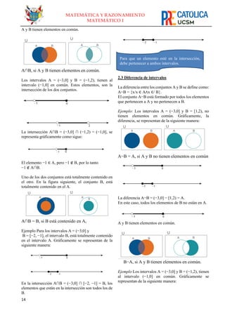 14
MATEMÁTICA Y RAZONAMIENTO
MATEMÁTICO I
A y B tienen elementos en común.
A∩B, si A y B tienen elementos en común.
Los intervalos A = (−3,0] y B = (−1,2), tienen al
intervalo (−1,0] en común. Estos elementos, son la
intersección de los dos conjuntos.
La intersección A∩B = (−3,0] ∩ (−1,2) = (−1,0], se
representa gráficamente como sigue:
El elemento −1 ∈ A, pero −1 ∉ B, por lo tanto
−1 ∉ A∩B.
Uno de los dos conjuntos está totalmente contenido en
el otro. En la figura siguiente, el conjunto B, está
totalmente contenido en el A.
A∩B = B, si B está contenido en A,
Ejemplo Para los intervalos A = (−3,0] y
B = [−2, −1], el intervalo B, está totalmente contenido
en el intervalo A. Gráficamente se representan de la
siguiente manera:
En la intersección A∩B = (−3,0] ∩ [−2, −1] = B, los
elementos que están en la intersección son todos los de
B.
2.3 Diferencia de intervalos
La diferencia entre los conjuntos A y B se define como:
A−B = {x/x ∈ A∧x ∈/ B}.
El conjunto A−B está formado por todos los elementos
que pertenecen a A y no pertenecen a B.
Ejemplo: Los intervalos A = (−3,0] y B = [1,2), no
tienen elementos en común. Gráficamente, la
diferencia, se representan de la siguiente manera:
A−B = A, si A y B no tienen elementos en común
La diferencia A−B = (−3,0] − [1,2) = A.
En este caso, todos los elementos de B no están en A.
A y B tienen elementos en común.
B−A, si A y B tienen elementos en común.
Ejemplo Los intervalos A = (−3,0] y B = (−1,2), tienen
al intervalo (−1,0] en común. Gráficamente se
representan de la siguiente manera:
Para que un elemento esté en la intersección,
debe pertenecer a ambos intervalos.
 