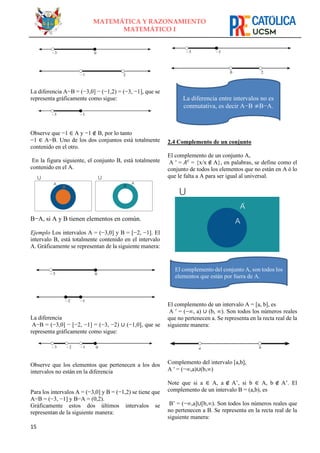 15
MATEMÁTICA Y RAZONAMIENTO
MATEMÁTICO I
La diferencia A−B = (−3,0] − (−1,2) = (−3, −1], que se
representa gráficamente como sigue:
Observe que −1 ∈ A y −1 ∉ B, por lo tanto
−1 ∈ A−B. Uno de los dos conjuntos está totalmente
contenido en el otro.
En la figura siguiente, el conjunto B, está totalmente
contenido en el A.
B−A, si A y B tienen elementos en común.
Ejemplo Los intervalos A = (−3,0] y B = [−2, −1]. El
intervalo B, está totalmente contenido en el intervalo
A. Gráficamente se representan de la siguiente manera:
La diferencia
A−B = (−3,0] − [−2, −1] = (−3, −2) ∪ (−1,0], que se
representa gráficamente como sigue:
Observe que los elementos que pertenecen a los dos
intervalos no están en la diferencia
Para los intervalos A = (−3,0] y B = (−1,2) se tiene que
A−B = (−3, −1] y B−A = (0,2).
Gráficamente estos dos últimos intervalos se
representan de la siguiente manera:
2.4 Complemento de un conjunto
El complemento de un conjunto A,
A ′ = 𝐴𝑐
= {x/x ∉ A}, en palabras, se define como el
conjunto de todos los elementos que no están en A ó lo
que le falta a A para ser igual al universal.
El complemento de un intervalo A = [a, b], es
A ′ = (−∞, a) ∪ (b, ∞). Son todos los números reales
que no pertenecen a. Se representa en la recta real de la
siguiente manera:
Complemento del intervalo [a,b],
A ′ = (−∞,a)∪(b,∞)
Note que si a ∈ A, a ∉ A’, si b ∈ A, b ∉ A’. El
complemento de un intervalo B = (a,b), es
B’ = (−∞,a]∪[b,∞). Son todos los números reales que
no pertenecen a B. Se representa en la recta real de la
siguiente manera:
La diferencia entre intervalos no es
conmutativa, es decir A−B ≠B−A.
El complemento del conjunto A, son todos los
elementos que están por fuera de A.
 