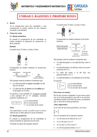 29 PRECATÓLICA 2023-I
MATEMÁTICA Y RAZONAMIENTO MATEMÁTICO I
1. Razón
Es la comparación entre dos cantidades y esta
comparación se puede realizar de dos maneras
(restando o dividiendo)
2. Clases de razón
2.1 Razón aritmética
Es cuando la comparación de las cantidades se
realiza mediante la operación de sustracción, es
decir restando.
Ejemplo
Un padre tiene 32 años y su hijo, 8 años
Comparando las edades mediante la sustracción,
tenemos:
32
⏞
antecedente
− 8
⏞
consecuente
⏟
razón aritmética
= 24
⏟
valor de la
razón aritmética
Del ejemplo anterior podemos interpretar que:
• La edad del padre es mayor (excede) a la del
hijo en 24 años.
• La edad del hijo es menor (es excedida) por
la del padre en 24 años.
En general, si una cantidad “a” es mayor o excede
a otra cantidad “b” en “r” unidades, entonces
podemos simbolizar así:
𝑎 − 𝑏 = 𝑟 {
𝑎 es antecedente
𝑏 es consecuente
𝑟 es el valor de la razón
Nota:
Las expresiones: excede, excedido, mayor y menor
indican que se debe aplicar la razón aritmética.
2.2 Razón geométrica
Es cuando la comparación de las cantidades se
realiza mediante la operación de división.
Tomando los datos del ejemplo anterior
Un padre tiene 32 años y su hijo, 8 años
Comparando las edades mediante la división,
tenemos:
Edad del padre
Edad del hijo
=
32
⏞
antecedente
8
⏟
consecuente
=
4
1
Del ejemplo anterior podemos interpretar que:
• La edad del padre es a la edad del hijo como 4
es a 1.
• La edad del padre y la del hijo están en la razón
(relación) de 4 a 1.
• La edad del padre y la del hijo son
proporcionales a 4 y 1.
• La edad del padre es el cuádruple de la del hijo.
En general:
𝑎
𝑏
= 𝑘 {
𝑎 es antecedente
𝑏 es consecuente
𝑘 es el valor de la razón
Para tener en cuenta:
De las dos razones estudiadas, la que tiene mayor
uso es la razón geométrica, por ello si un ejercicio
o problema indica el término de razón, se entenderá
que se trata de la razón geométrica.
¡Muy importante!
Si el valor de una razón geométrica, tal como
A
B
=
2
5
Esto se interpreta de la siguiente manera:
• A y B están en la relación de 2 a 5.
• A es a B como 2 es a 5.
• A es como 2 y B es como 5.
• A y B son proporcionales a 2 y 5.
UNIDAD 2: RAZONES Y PROPORCIONES
padre hijo
padre hijo
Razón
geométrica
Valor de
la razón
geométrica
 
