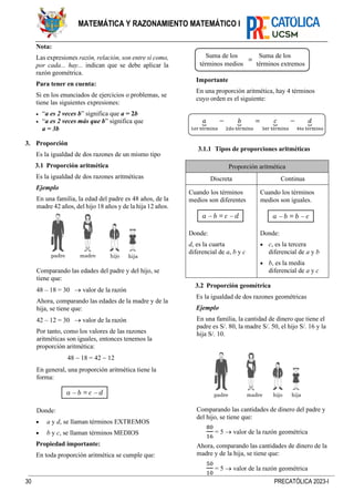 30 PRECATÓLICA 2023-I
MATEMÁTICA Y RAZONAMIENTO MATEMÁTICO I
Nota:
Las expresiones razón, relación, son entre sí como,
por cada... hay... indican que se debe aplicar la
razón geométrica.
Para tener en cuenta:
Si en los enunciados de ejercicios o problemas, se
tiene las siguientes expresiones:
• “a es 2 veces b” significa que a = 2b
• “a es 2 veces más que b” significa que
a = 3b
3. Proporción
Es la igualdad de dos razones de un mismo tipo
3.1 Proporción aritmética
Es la igualdad de dos razones aritméticas
Ejemplo
En una familia, la edad del padre es 48 años, de la
madre 42 años, del hijo 18 años y de la hija 12 años.
Comparando las edades del padre y del hijo, se
tiene que:
48 – 18 = 30 → valor de la razón
Ahora, comparando las edades de la madre y de la
hija, se tiene que:
42 – 12 = 30 → valor de la razón
Por tanto, como los valores de las razones
aritméticas son iguales, entonces tenemos la
proporción aritmética:
48 − 18 = 42 − 12
En general, una proporción aritmética tiene la
forma:
Donde:
• a y d, se llaman términos EXTREMOS
• b y c, se llaman términos MEDIOS
Propiedad importante:
En toda proporción aritmética se cumple que:
Importante
En una proporción aritmética, hay 4 términos
cuyo orden es el siguiente:
𝑎
⏟
1er término
− 𝑏
⏟
2do término
= 𝑐
⏟
3er término
− 𝑑
⏟
4to término
3.1.1 Tipos de proporciones aritméticas
Proporción aritmética
Discreta Continua
Cuando los términos
medios son diferentes
Donde:
d, es la cuarta
diferencial de a, b y c
Cuando los términos
medios son iguales.
Donde:
• c, es la tercera
diferencial de a y b
• b, es la media
diferencial de a y c
3.2 Proporción geométrica
Es la igualdad de dos razones geométricas
Ejemplo
En una familia, la cantidad de dinero que tiene el
padre es S/. 80, la madre S/. 50, el hijo S/. 16 y la
hija S/. 10.
Comparando las cantidades de dinero del padre y
del hijo, se tiene que:
80
16
= 5 → valor de la razón geométrica
Ahora, comparando las cantidades de dinero de la
madre y de la hija, se tiene que:
50
10
= 5 → valor de la razón geométrica
padre hija
hijo
madre
a − b = c − d
Suma de los Suma de los
términos medios términos extremos
=
a − b = c − d a − b = b − c
padre hija
hijo
madre
 