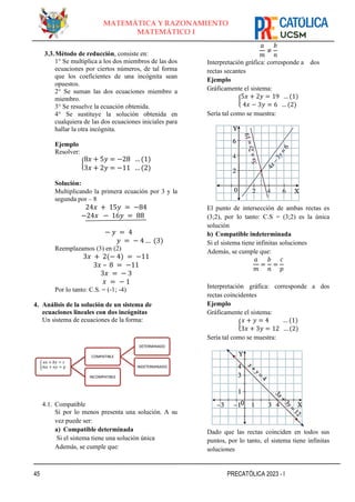 45 PRECATÓLICA 2023 - I
MATEMÁTICA Y RAZONAMIENTO
MATEMÁTICO I
3.3.Método de reducción, consiste en:
1° Se multiplica a los dos miembros de las dos
ecuaciones por ciertos números, de tal forma
que los coeficientes de una incógnita sean
opuestos.
2° Se suman las dos ecuaciones miembro a
miembro.
3° Se resuelve la ecuación obtenida.
4° Se sustituye la solución obtenida en
cualquiera de las dos ecuaciones iniciales para
hallar la otra incógnita.
Ejemplo
Resolver:
{
8𝑥 + 5𝑦 = −28 …(1)
3𝑥 + 2𝑦 = −11 …(2)
Solución:
Multiplicando la primera ecuación por 3 y la
segunda por – 8
24𝑥 + 15𝑦 = −84
−24𝑥 − 16𝑦 = 88
− 𝑦 = 4
𝑦 = − 4 … (3)
Reemplazamos (3) en (2)
3𝑥 + 2(− 4) = −11
3𝑥 – 8 = −11
3𝑥 = − 3
𝑥 = − 1
Por lo tanto: C.S. = (-1; -4)
4. Análisis de la solución de un sistema de
ecuaciones lineales con dos incógnitas
Un sistema de ecuaciones de la forma:
4.1. Compatible
Si por lo menos presenta una solución. A su
vez puede ser:
a) Compatible determinada
Si el sistema tiene una solución única
Además, se cumple que:
𝑎
𝑚
≠
𝑏
𝑛
Interpretación gráfica: corresponde a dos
rectas secantes
Ejemplo
Gráficamente el sistema:
{
5𝑥 + 2𝑦 = 19 … (1)
4𝑥 − 3𝑦 = 6 … (2)
Sería tal como se muestra:
El punto de intersección de ambas rectas es
(3;2), por lo tanto: C.S = (3;2) es la única
solución
b) Compatible indeterminada
Si el sistema tiene infinitas soluciones
Además, se cumple que:
𝑎
𝑚
=
𝑏
𝑛
=
𝑐
𝑝
Interpretación gráfica: corresponde a dos
rectas coincidentes
Ejemplo
Gráficamente el sistema:
{
𝑥 + 𝑦 = 4 … (1)
3𝑥 + 3𝑦 = 12 … (2)
Sería tal como se muestra:
Dado que las rectas coinciden en todos sus
puntos, por lo tanto, el sistema tiene infinitas
soluciones
ቊ
𝑎𝑥 + 𝑏𝑦 = 𝑐
𝑚𝑥 + 𝑛𝑦 = 𝑝
COMPATIBLE
DETERMINADO
INDETERMINADO
INCOMPATIBLE
 