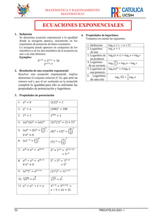 53 PRECATÓLICA 2023 - I
MATEMÁTICA Y RAZONAMIENTO
MATEMÁTICO
1. Definición
Se denomina ecuación exponencial a la igualdad
donde la incógnita aparece, únicamente en los
exponentes de potencias de bases constantes.
La incógnita puede aparecer en cualquiera de los
miembros o en los dos miembros de la ecuación en
uno o en más términos.
Ejemplos:
3𝑥+2
+ 3𝑥+1
= 36
2𝑥+3
=7
2. Resolución de una ecuación exponencial
Resolver una ecuación exponencial, implica
determinar el conjunto solución (C.S), que será un
número real y que al ser sustituido en la ecuación
cumplirá la igualdad para ello se utilizarán las
propiedades de potenciación y logaritmos.
3. Propiedades de potenciación
1. 𝑎0
= 0 (2,5)0
= 1
2. 𝑎1
= 𝑎 (348)1
= 348
3. 1𝑛
= 1 1345
= 1
4. (𝑎)𝑛
(𝑏)𝑛
= (𝑎𝑏)𝑛
(5)3
(7)3
= (5 × 7)3
5. (𝑎)𝑛
÷ (𝑏)𝑛
= (
𝑎
𝑏
)
𝑛
,
∀ 𝑏𝑛
≠ 0
(8)4
÷ (3)4
= (
8
3
)
4
6. (𝑎)− 𝑛
= (
1
𝑎
)
𝑛
(7)−2
= (
1
7
)
2
7. 𝑎𝑚
× 𝑎𝑛
= 𝑎𝑚+𝑛
35 × 3−9 = 35+(−9)
= 3−4
8. 𝑎𝑚
÷ 𝑎𝑛
= 𝑎𝑚−𝑛
∀ 𝑎𝑛
≠ 0
57
÷ 54
= 57−4
= 53
9. (𝑎𝑚)𝑛
= 𝑎𝑚 × 𝑛
(113)5
= 113 ×5
10. √𝑎𝑚
𝑛
= 𝑎
𝑚
𝑛 √25
3
= 2
5
3
11. 𝑎𝑥
= 𝑎𝑦
→ 𝑥 = 𝑦 3𝑥−5
= 32𝑥+15
→
𝑥 − 5 = 2𝑥 + 15
4. Propiedades de logaritmos
Tomamos en cuenta las siguientes:
1. Definición log𝑏 𝑎 = 𝑐 → 𝑎 = 𝑏𝑐
2. Logaritmo
de uno
log𝑎 𝑎 = 1
3. Logaritmo de
un producto
log𝑏(𝑎 × 𝑐) = log𝑏 𝑎 + log𝑏 𝑐
4. Logaritmo
de un cociente
log𝑏 (
𝑎
𝑐
) = log𝑏 𝑎 − log𝑏 𝑐
5. Logaritmo de
una potencia
log𝑏(𝑎)𝑛
= 𝑛 log𝑏 𝑎
6. Logaritmo
de una raíz
log𝑏 √𝑎
𝑛
=
1
𝑛
log𝑏 𝑎
ECUACIONES EXPONENCIALES
 