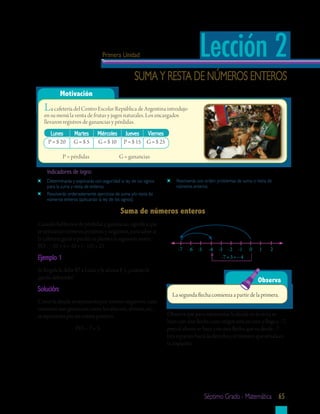 Primera Unidad                                  Lección 2
                                                    suma y resta de números enteros
            Motivación
   La cafetería del Centro Escolar República de Argentina introdujo
   en su menú la venta de frutas y jugos naturales. Los encargados
   llevaron registros de ganancias y pérdidas.
      Lunes       Martes        Miércoles      Jueves Viernes
     P = $ 20     G=$5          G = $ 10      P = $ 15 G = $ 25

            P = pérdidas                    G = ganancias

    Indicadores	de	logro:
    determinarás y explicarás con seguridad la ley de los signos       resolverás con orden problemas de suma o resta de
    para la suma y resta de enteros.                                   números enteros.
    resolverás ordenadamente ejercicios de suma y/o resta de
    números enteros (aplicando la ley de los signos).

                                             Suma	de	números	enteros
Cuando hablamos de pérdidas y ganancias, significa que
se utilizarán números positivos y negativos, para saber si
la cafetería ganó o perdió se plantea la siguiente suma:
PO : − 20 + 5 + 10 + (− 15) + 25
                                                                        -7   -6 -5     -4 -3 -2 -1          0    1     2
Ejemplo	1                                                                                   -7 + 3 = − 4

Si Ángela le debe $7 a Luisa y le abona $ 3, ¿cuánto le
queda debiendo?
                                                                                                                Observa
Solución:
                                                                     La segunda flecha comienza a partir de la primera.
Como la deuda se representa por enteros negativos, caso
contrario son ganancias como los ahorros, abonos, etc.,
se representa por un entero positivo.                              Observa que para representar la deuda en la recta se
                                                                   hace con una flecha cuyo origen está en cero y llega a −7;
                   PO: − 7 + 3                                     pero el abono se hace con otra flecha que va desde −7
                                                                   tres espacios hacia la derecha y el número que señala es
                                                                   la respuesta.




                                                                                     séptimo grado - matemática 65
 