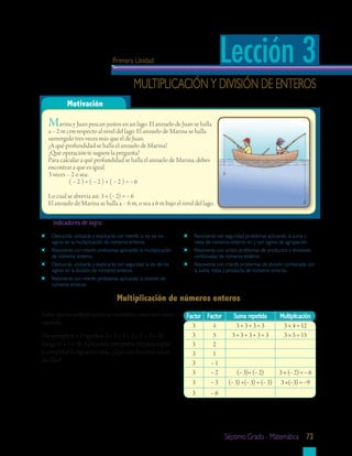 Primera Unidad                                  Lección 3
                                              multiplicación y división de enteros
           Motivación

  M    arina y Juan pescan juntos en un lago. El anzuelo de Juan se halla
  a − 2 m con respecto al nivel del lago. El anzuelo de Marina se halla
  sumergido tres veces más que el de Juan.
  ¿A qué profundidad se halla el anzuelo de Marina?
  ¿Qué operación te sugiere la pregunta?
  Para calcular a qué profundidad se halla el anzuelo de Marina, debes
  encontrar a que es igual
  3 veces – 2 o sea:
           (−2)+(−2)+(−2)=−6

  Lo cual se abrevia así: 3 × (− 2) = − 6
  El anzuelo de Marina se halla a – 6 m, o sea a 6 m bajo el nivel del lago.

     Indicadores	de	logro:
    deducirás, utilizarás y explicarás con interés la ley de los       resolverás con seguridad problemas aplicando la suma y
    signos en la multiplicación de números enteros.                    resta de números enteros sin y con signos de agrupación.
    resolverás con interés problemas aplicando la multiplicación       resolverás con orden problemas de productos y divisiones
    de números enteros.                                                combinadas de números enteros.
    deducirás, utilizarás y explicarás con seguridad la ley de los     resolverás con interés problemas de división combinada con
    signos en la división de números enteros.                          la suma, resta y producto de números enteros.
    resolverás con interés problemas aplicando la división de
    números enteros.

                                     Multiplicación	de	números	enteros
Sabes que la multiplicación se considera como una suma               Factor Factor Suma	repetida                Multiplicación
repetida.                                                              3      4      3+3+3+3                     3 × 4 = 12
Por ejemplo 6 × 3 significa 3 + 3 + 3 + 3 + 3 + 3 = 18.                3      5    3+3+3+3+3                     3 × 5 = 15
Luego, 6 × 3 = 18. Aplica esta interpretación para copiar              3      2
y completar la siguiente tabla. ¿Qué conclusiones sacas                3      1
de ellas?                                                              3     −1
                                                                       3     −2      (− 3)+ (− 2)              3 × (− 2) = − 6
                                                                       3     − 3 (− 3) +(− 3) + (− 3)           3 ×(−3) = −9
                                                                       3      −6




                                                                                     séptimo grado - matemática 73
 