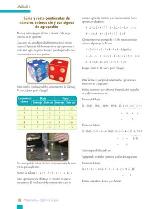 UNIDAD 1


    Suma	y	resta	combinadas	de		                           suma al siguiente número y así sucesivamente hasta
  números	enteros	sin	y	con	signos		                       operar con el último.
          de	agrupación                                        4 – 2 = 2; 2 + 5 = 7; 7 – 5 = 2; 2 + 3 = 5; 5 – 1 = 4;
Mario y Gloria juegan al “más o menos”. Este juego             4 + 1 = 5; 5 – 4 = 1; 1 + 6 = 7; 7 – 2 = 5
consiste en lo siguiente.
                                                           Gloria obtuvo un puntaje de + 5. De manera similar
Cada uno tira dos dados de diferente color al mismo        calculas el puntaje de Mario.
tiempo. El puntaje del dado rojo tiene signo positivo, y
el del azul signo negativo. Gana el que después de cinco       1 – 2 + 5 – 1 + 2 – 3 + 4 – 6 + 5 – 5 significa:
lanzamientos hace más puntos.
                                                               1 – 2 = − 1; − 1 + 5 = 4; 4 – 1 = 3; 3 + 2 = 5; 5 – 3 = 2;
                                                               2 + 4 = 6; 6 – 6 = 0; 0 + 5 = 5; 5 – 5 = 0
                                                           Luego, como 5 > 0, Gloria ganó el juego.


                                                           Otra forma en que puedes efectuar las operaciones
                                                           anteriores es la siguiente:
Estos son los resultados de los lanzamientos de Gloria y
Mario. ¿Quién ganó el juego?                               Utiliza paréntesis para obtener los resultados parciales
                                                           de cada lanzamiento así:
 	Lanzamiento	        Gloria               Mario           Puntos de Gloria:
    número     Dado	rojo Dado	azul Dado	rojo Dado	azul
                                                           (4 − 2)+(5 − 5)+(3 − 1)+(1 − 4)+(6 − 2)= 2 + 0 + 2 +(− 3)+ 4
      1            4         −2          1         −2



                                                                                                               




                                                                                                                               
      2            5         −5          5         −1                                                     =       4       +       1
      3            3         −1          2         −3                                                     =               5
      4            1         −4          4         −6
                                                           Puntos de Mario:
      5            6         −2          5         −5
                                                           (1 − 2)+(5 − 1)+(2 − 3)+(4 − 6)+(5 − 5)= (− 1)+ 4 +(− 1) + (− 2) + 0
                                                                                                       




                                                                                                                       




                                                                                                  =       3 +             (− 3)
                                                                                                  =               0
                                                           Además puedes hacerlo así:
                                                           Agrupando todos los positivos y todos los negativos:
Para averiguarlo, debes efectuar las operaciones de suma   Puntos de Gloria:
y resta para cada uno.
                                                           (4 + 5 + 3 + 1 + 6)+(− 2 − 5 − 1 − 4 − 2)= 19 + (−14)
Puntos de Gloria: 4 – 2 + 5 – 5 + 3 – 1 + 1 – 4 + 6 – 2
                                                                                                          =           5
Estas operaciones se efectúan en el orden en que se
encuentran. El resultado de la primera operación se        Utiliza esta última forma para Mario.




 82 matemática - séptimo grado
 