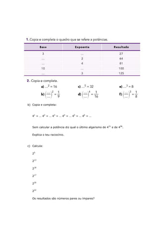 b) Copia e completa:
4 1 = … 42 = … 4 3 = … 4 4 = … 4 5 = … 4 6 = …
Sem calcular a potência diz qual o último algarismo de 4 21 e de 496.
Explica o teu raciocínio.
c) Calcula:
25
213
218
217
220
222
Os resultados são números pares ou ímpares?