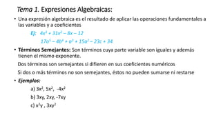 Tema 1. Expresiones Algebraicas:
• Una expresión algebraica es el resultado de aplicar las operaciones fundamentales a
las variables y a coeficientes
Ej: 4x3 + 31x2 – 8x – 12
17a5 – 4b4 + a3 + 15a2 – 23c + 34
• Términos Semejantes: Son términos cuya parte variable son iguales y además
tienen el mismo exponente.
Dos términos son semejantes si difieren en sus coeficientes numéricos
Si dos o más términos no son semejantes, éstos no pueden sumarse ni restarse
• Ejemplos:
a) 3x2, 5x2, -4x2
b) 3xy, 2xy, -7xy
c) x2y , 3xy2
 