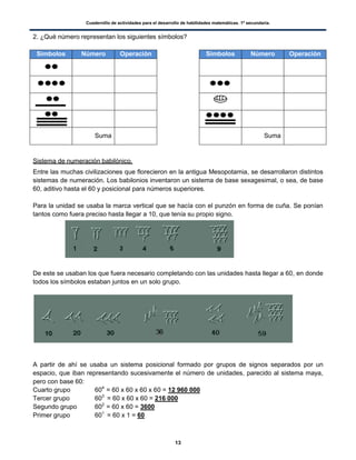 Cuadernillo de actividades para el desarrollo de habilidades matemáticas. 1º secundaria.
13
2. ¿Qué número representan los siguientes símbolos?
Símbolos Número Operación Símbolos Número Operación
Suma Suma
Sistema de numeración babilónico.
Entre las muchas civilizaciones que florecieron en la antigua Mesopotamia, se desarrollaron distintos
sistemas de numeración. Los babilonios inventaron un sistema de base sexagesimal, o sea, de base
60, aditivo hasta el 60 y posicional para números superiores.
Para la unidad se usaba la marca vertical que se hacía con el punzón en forma de cuña. Se ponían
tantos como fuera preciso hasta llegar a 10, que tenía su propio signo.
De este se usaban los que fuera necesario completando con las unidades hasta llegar a 60, en donde
todos los símbolos estaban juntos en un solo grupo.
A partir de ahí se usaba un sistema posicional formado por grupos de signos separados por un
espacio, que iban representando sucesivamente el número de unidades, parecido al sistema maya,
pero con base 60:
Cuarto grupo 604
= 60 x 60 x 60 x 60 = 12 960 000
Tercer grupo 603
= 60 x 60 x 60 = 216 000
Segundo grupo 602
= 60 x 60 = 3600
Primer grupo 601
= 60 x 1 = 60
 