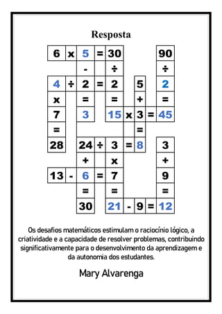 Resposta
Os desafios matemáticos estimulam o raciocínio lógico, a
criatividade e a capacidade de resolver problemas, contribuindo
significativamente para o desenvolvimento da aprendizagem e
da autonomia dos estudantes.
Mary Alvarenga
6 x 5 = 30 90
- ÷ ÷
4 ÷ 2 = 2 5 2
x = = + =
7 3 15 x 3 = 45
= =
28 24 ÷ 3 = 8 3
+ x +
13 - 6 = 7 9
= = =
30 21 - 9 = 12
 