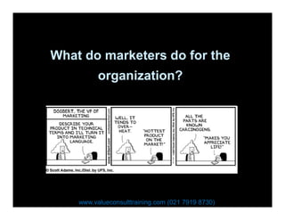 What do marketers do for the
organization?
www.valueconsulttraining.com (021 7919 8730)
 