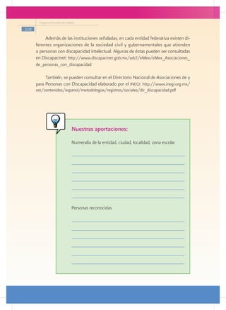 Programa Escuelas de Calidad

110

           Además de las instituciones señaladas, en cada entidad federativa existen di-
      ferentes organizaciones de la sociedad civil y gubernamentales que atienden
      a personas con discapacidad intelectual. Algunas de éstas pueden ser consultadas
      en Discapacinet: http://www.discapacinet.gob.mx/wb2/eMex/eMex_Asociaciones_
      de_personas_con_discapacidad

           También, se pueden consultar en el Directorio Nacional de Asociaciones de y
      para Personas con Discapacidad elaborado por el inegi: http://www.inegi.org.mx/
      est/contenidos/espanol/metodologias/registros/sociales/dir_discapacidad.pdf




                                 Nuestras aportaciones:
                                 Numeralia de la entidad, ciudad, localidad, zona escolar




                                 Personas reconocidas
 