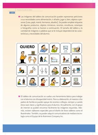 Programa Escuelas de Calidad

124

           	Las imágenes del tablero de comunicación pueden representar peticiones
            a sus necesidades como alimentación, ir al baño, jugar o, bien, objetos o per-
            sonas (casa, papá, mamá, hermanos, abuelos). Se pueden emplear etiquetas
            de algunos productos, objetos miniatura, recortes, envolturas, estampas
            o fotografías como se ilustran a continuación. El tamaño del tablero y la
            cantidad de imágenes o palabras que se le incluyan dependerá de las carac-
            terísticas y necesidades del alumno.

           			


          	




              El tablero de comunicación se vuelve una herramienta básica para trabajar
              con el alumno con discapacidad motriz. Para su elaboración, el maestro o los
              padres de familia se pueden apoyar de recortes o dibujos, siempre y cuando
              éstos sean claros y significativos para el alumno. Actualmente, con el apoyo
              de internet se pueden encontrar fácilmente las imágenes requeridas. Ade-
              más, existen softwares especiales para el diseño de éstos tableros como el
              Boardmaker. También, se pueden adquirir comunicadores de mediana tecno-
              logía como el Equipo de la Atainment Company Inc.
 