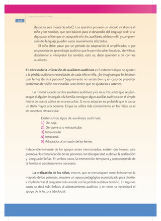 Programa Escuelas de Calidad

144

             desde los seis meses de edad). Los aparatos proveen un vínculo vital entre el
             niño y los sonidos, que son básicos para el desarrollo del lenguaje oral; si se
             deja pasar el tiempo sin adaptarle el o los auxiliares, el desarrollo y compren-
             sión del lenguaje pueden verse severamente afectados.
                El niño debe pasar por un periodo de adaptación al amplificador, y por
             un proceso de aprendizaje auditivo que le permita saber localizar, identificar,
             discriminar e interpretar los sonidos; esto es, debe aprender a oír con los
             auxiliares.

      En el caso de la utilización de auxiliares auditivos es fundamental que se ajusten
      a la pérdida auditiva y necesidades de cada niño o niña. ¿Se imaginan que les hicieran
      usar lentes de otra persona? Seguramente no verían bien y en caso de presentar
      problemas de visión necesitarían unos lentes que se ajustaran a ustedes.

           Lo mismo sucede con los auxiliares auditivos y es muy frecuente que se pien-
      se que si alguien los regala o la familia consigue algun auxiliar auditivo con el simple
      hecho de que se utilice se va a escuchar. Si no se adaptan, es probable que le cause
      un daño mayor a la persona. El que se utiliza más comúnmente en los niños, es el
      de curveta o retrauricular.
                     Existen cinco tipos de auxiliares auditivos:
                     1) De caja.
                     2) De curveta o retrauricular.
                     3) Intrauricular.
                     4) Intracanal.
                     5) Adaptados al armazón de los lentes.

      Independientemente de los apoyos antes mencionados, existen dos formas para
      promover la comunicación de las personas con discapacidad auditiva: la oralización
      y Lengua de Señas. En ambos casos, la intervención temprana y comprometida de
      la familia es absolutamente necesaria.

           La oralización de los niños, esto es, que se comuniquen como lo hacemos la
      mayoría de las personas, requiere un apoyo pedagógico especializado para diseñar
      e implementar el programa más acorde con la pérdida auditiva del niño. En algunos
      casos se dará más énfasis al adiestramiento auditivo, y en otros se necesitará el
      apoyo de la lectura labiofacial.
 