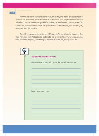 Programa Escuelas de Calidad

158

            Además de las instituciones señaladas, en la mayoría de las entidades federa-
      tiva existen diferentes organizaciones de la sociedad civil y gubernamentales que
      atienden a personas con discapacidad auditiva que pueden ser consultadas en Dis-
      capacinet: http://www.discapacinet.gob.mx/wb2/eMex/eMex_Asociaciones_de_
      personas_con_discapacidad

           También, se pueden consultar en el Directorio Nacional de Asociaciones de y
      para Personas con Discapacidad elaborado por el inegi: http://www.inegi.org.mx/
      est/contenidos/espanol/metodologias/registros/sociales/dir_discapacidad.pdf




                                 Nuestras aportaciones:
                                 Numeralia de la entidad, ciudad, localidad, zona escolar




                                 Personas reconocidas
 