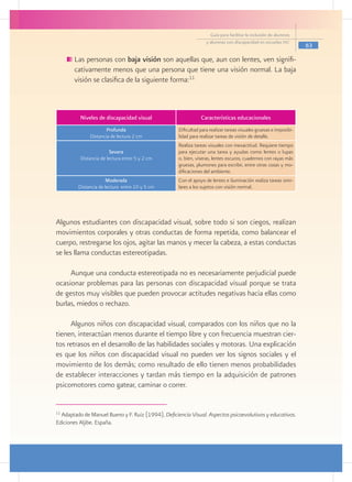 Guía para facilitar la inclusión de alumnos
                                                                  y alumnas con discapacidad en escuelas pec
                                                                                                                   63

       	Las personas con baja visión son aquellas que, aun con lentes, ven signifi-
        cativamente menos que una persona que tiene una visión normal. La baja
        visión se clasifica de la siguiente forma:11



          Niveles de discapacidad visual                       Características educacionales
                      Profunda                      Dificultad para realizar tareas visuales gruesas e imposibi-
              Distancia de lectura 2 cm             lidad para realizar tareas de visión de detalle.
                                                    Realiza tareas visuales con inexactitud. Requiere tiempo
                        Severa                      para ejecutar una tarea y ayudas como lentes o lupas
          Distancia de lectura entre 5 y 2 cm       o, bien, viseras, lentes oscuros, cuadernos con rayas más
                                                    gruesas, plumones para escribir, entre otras cosas y mo-
                                                    dificaciones del ambiente.
                       Moderada                     Con el apoyo de lentes e iluminación realiza tareas simi-
         Distancia de lectura entre 10 y 5 cm       lares a los sujetos con visión normal.




Algunos estudiantes con discapacidad visual, sobre todo si son ciegos, realizan
movimientos corporales y otras conductas de forma repetida, como balancear el
cuerpo, restregarse los ojos, agitar las manos y mecer la cabeza, a estas conductas
se les llama conductas estereotipadas.

     Aunque una conducta estereotipada no es necesariamente perjudicial puede
ocasionar problemas para las personas con discapacidad visual porque se trata
de gestos muy visibles que pueden provocar actitudes negativas hacia ellas como
burlas, miedos o rechazo.

     Algunos niños con discapacidad visual, comparados con los niños que no la
tienen, interactúan menos durante el tiempo libre y con frecuencia muestran cier-
tos retrasos en el desarrollo de las habilidades sociales y motoras. Una explicación
es que los niños con discapacidad visual no pueden ver los signos sociales y el
movimiento de los demás; como resultado de ello tienen menos probabilidades
de establecer interacciones y tardan más tiempo en la adquisición de patrones
psicomotores como gatear, caminar o correr.


11
  Adaptado de Manuel Bueno y F. Ruiz (1994), Deficiencia Visual. Aspectos psicoevolutivos y educativos.
Ediciones Aljibe. España.
 