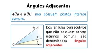 Ângulos Adjacentes
?
𝐴𝑂𝐵 𝑒 𝐵𝑂𝐶 não possuem pontos internos
comuns.
Dois ângulos consecutivos
que não possuem pontos
internos comuns são
denominados ângulos
adjacentes.
 