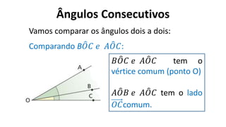 Ângulos Consecutivos
?
Vamos comparar os ângulos dois a dois:
Comparando B𝑂𝐶 𝑒 𝐴𝑂𝐶:
𝐵𝑂𝐶 𝑒 𝐴𝑂𝐶 tem o
vértice comum (ponto O)
𝐴𝑂𝐵 𝑒 𝐴𝑂𝐶 tem o lado
𝑂𝐶comum.
 