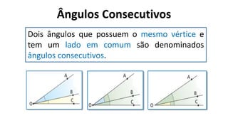 Ângulos Consecutivos
?
Dois ângulos que possuem o mesmo vértice e
tem um lado em comum são denominados
ângulos consecutivos.
 