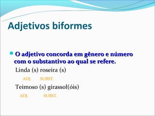 Adjetivos biformes

O adjetivo concorda em gênero e número
 com o substantivo ao qual se refere.
 Linda (s) roseira (s)
    ADJ.   SUBST.

 Teimoso (s) girassol(óis)
   ADJ.     SUBST.
 