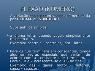 FLEXÃO (NÚMERO)
    A variação dos substantivos por número se dá
    por PLURAL ou SINGULAR.

    Substantivos simples:

   a última letra, quando vogal, simplesmente
    recebem o -s.
    Exemplo: controle - controles, lata - latas.

   Para os que terminam em consoantes, temos
    algumas regras especiais que variam de
    acordo com a consoante que terminam.
    Para S, R e Z acrescenta-se o -ES no final.
    Exemplo: gás - gases, motor - motores,
    sagaz - sagazes.
 