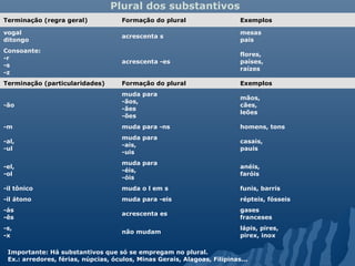 Plural dos substantivos
Terminação (regra geral)             Formação do plural                   Exemplos

vogal                                                                     mesas
                                     acrescenta s
ditongo                                                                   pais
Consoante:
                                                                          flores,
-r
                                     acrescenta -es                       países,
-s
                                                                          raízes
-z
Terminação (particularidades)        Formação do plural                   Exemplos
                                     muda para
                                                                          mãos,
                                     -ãos,
-ão                                                                       cães,
                                     -ães
                                                                          leões
                                     -ões
-m                                   muda para -ns                        homens, tons
                                     muda para
-al,                                                                      casais,
                                     -ais,
-ul                                                                       pauis
                                     -uis
                                     muda para
-el,                                                                      anéis,
                                     -éis,
-ol                                                                       faróis
                                     -óis
-il tônico                           muda o l em s                        funis, barris
-il átono                            muda para -eis                       répteis, fósseis
-ás                                                                       gases
                                     acrescenta es
-ês                                                                       franceses
-s,                                                                       lápis, pires,
                                     não mudam
-x                                                                        pirex, inox

 Importante: Há substantivos que só se empregam no plural.
 Ex.: arredores, férias, núpcias, óculos, Minas Gerais, Alagoas, Filipinas...
 