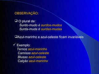 OBSERVAÇÃO:

 O plural de:
  Surdo-mudo é surdos-mudos
  Surda-muda é surdas-mudas

Azul-marinho e azul-celeste ficam invariáveis

 Exemplo:
  Ternos azul-marinho
  Camisas azul-celeste
  Blusas azul-celeste
  Calção azul-marinho
 