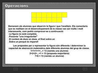 Demanem als alumnes que observin la figura i que l'analitzin. Els comentaris que es realitzen en el desenvolupament de la classe van ser molts i molt interessants, com podrà comprovar-se a continuació:   La figura no està completa.   Presenta "una irregularitat"   Si contem de dues en dues, al final sobra un   Sobra un perquè és imparell  Les propostes per a representar la figura són diferents i determinen la capacitat de abstracció matemàtica dels diferents alumnes del grup de classe.   1+1+1+1+...= 13 (només una alumne)   2+2+2+...+1 = 13 (proposta majoritària)   7+6 = 13 (només un alumne)  