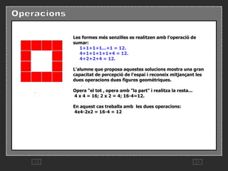 Les formes més senzilles es realitzen amb l'operació de sumar:        1+1+1+1...+1 = 12.         4+1+1+1+1+4 = 12.         4+2+2+4 = 12.   L'alumne que proposa aquestes solucions mostra una gran capacitat de percepció de l'espai i reconeix mitjançant les dues operacions dues figures geomètriques. Opera "el tot , opera amb "la part" i realitza la resta...   4 x 4 = 16; 2 x 2 = 4; 16-4=12.  En aquest cas treballa amb  les dues operacions:   4x4-2x2 = 16-4 = 12  