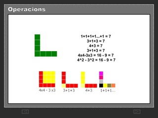 1+1+1+1...+1 = 7   3+1+3 = 7   4+3 = 7   3+1+3 = 7   4x4-3x3 = 16 - 9 = 7   4^2 - 3^2 = 16 - 9 = 7 