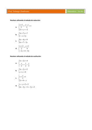 Prof. Solange Zambrano Matemática – 3er año
Resolver utilizando el método de reducción:
a.




−=+
+
−
=
+
22
1
52
1
yx
yxx
b.



=−
=+
yx
yx
31
773
c.



−=
=−
yx
yx
376
948
d.




−=−
+
=
+
xy
yx
462
4
1
2
2
Resolver utilizando el método de sustitución:
a.




−−=−
=−
32
1
2
423
yx
yx
b.



=+
=−
0
523
xy
yx
c.




−=
=+
yx
y
x
62
1
2
d.



+−=−−
=+−
33324
22
yyx
yx
 