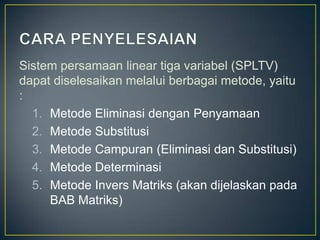SPLTV (Sistem Persamaan Linear Tiga Variabel) | PPTX