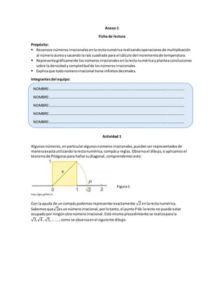 Anexo 1
Ficha de lectura
Propósito:
 Reconoce númerosirracionalesenlarectanuméricarealizandooperacionesde multiplicación
al númeroáureoysacando la raíz cuadrada para el cálculodel incrementode temperatura.
 Representagráficamente losnúmerosirracionalesenlarectanuméricayplanteaconclusiones
sobre la densidadycompletitudde losnúmerosirracionales.
 Explicaque todonúmeroirracional tiene infinitosdecimales.
Integrantesdel equipo:
Actividad 1
Algunos números,enparticularalgunosnúmerosirracionales,puedenser representadosde
maneraexactautilizando larectanumérica,compásy reglas. Observael dibujo,si aplicamosel
teoremade Pitágoraspara hallarsudiagonal,comprendemosesto:
https://goo.gl/YbKcJ5
Con laayuda de un compáspodemosrepresentarexactamente √2 enlarectanumérica.
Sabemosque√2esunnúmeroirracional, porlotanto, el puntoPde larecta no puede estar
ocupadopor ningúnotronúmeroirracional. Este mismoprocedimientose realizaparala
√3,√4 , √5,…… .. como se observaenel siguiente dibujo.
NOMBRE:…………………………………………………………………………………………………………………………………
NOMBRE:…………………………………………………………………………………………………………………………………
NOMBRE:…………………………………………………………………………………………………………………………………
NOMBRE:…………………………………………………………………………………………………………………………………
NOMBRE:…………………………………………………………………………………………………………………………………
Figura1
 