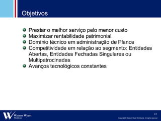 Prestar o melhor serviço pelo menor custo Maximizar rentabilidade patrimonial Domínio técnico em administração de Planos Competitividade em relação ao segmento: Entidades Abertas, Entidades Fechadas Singulares ou Multipatrocinadas Avanços tecnológicos constantes Objetivos   