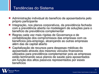 Tendências do Sistema Administração individual do benefício de aposentadoria pelo próprio participante Inte gração, nos planos corporativos, da previdência fechada com a previdência aberta na modelagem de soluções para o benefício de previdência complementar Regras cada vez mais rígidas de Governança e de contabilização dos compromissos das empresas com os benefícios pós-emprego, alcançando as outras empresas além das de capital aberto Capitalização de recursos para despesas médicas do aposentado através dos mesmos veículos financeiros utilizados para previdência complementar pois as empresas estão terminando seus planos de saúde para aposentados em função dos altos passivos representados por esses benefícios 