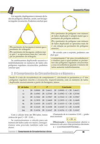 Capítulo 09. Relações Métricas no Triângulo Retângulo 73PV2D-06-MAT-21
GeometriaPlana
Capítulo09. RelaçõesMétricasnoTriânguloRetângulo
1. TriângulosRetângulos
Semelhantes
Em todo triângulo retângulo, a altura
relativa à hipotenusa determina dois tri-
ângulos retângulos semelhantes ao primei-
ro e semelhantes entre si.
Consideremos um triângulo retângulo
ABC de hipotenusa 12 e altura 12 .
Hipótese: 11 = 90° e 12 34⊥
Tese: ∆ABC ~ ∆HBA ~ ∆HAC
Demonstração
1
1 1
1
231 124
12134565
=
123
43 ⇒ ∆ABC ~ ∆HBA
1
1 1
1
231 421
12134565
=
123
43 ⇒ ∆ABC ~ ∆HAC
Assim: ∆ABC ~ ∆HBA ~ ∆HAC
2. RelaçõesMétricas
Consideremos um triângulo retângulo
ABC, com hipotenusa 12 e altura 12.
Sejam:
BC = a (hipotenusa)
AB = c e AC = b (catetos)
AH = h (altura)
BH = m e CH = n (projeções dos catetos so-
bre a hipotenusa)
b1) b2 = a · n e c2 = a · m
Em todo triângulo retângulo, o quadrado
da medida de um cateto é igual ao produto
das medidas da hipotenusa e da projeção des-
se cateto.
Demonstração
∆HBA ~ ∆ABC
12
23
24
12
= ou
1
2
3
1
=
Assim: c2 = a · m
Analogamente, para os triângulos HAC e
ABC, mostramos que b2 = a · n.
b2) h2 = m · n
Em todo triângulo retângulo, o quadra-
do da medida da altura relativa à
hipotenusa é igual ao produto das medi-
das das projeções dos catetos.
 