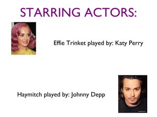 STARRING ACTORS:

            Effie Trinket played by: Katy Perry




Haymitch played by: Johnny Depp
 