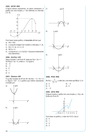 90
205. UFJF-MG
A figura abaixo representa, no plano cartesiano, o
gráfico de uma função y = f(x) definida no intervalo
[–2, 5].
Com base nesse gráfico, é incorreto afirmar que:
a)	 f(4) > f(5).
b)	 o conjunto imagem de f contém o intervalo [–1, 4].
c)	 f(x) < 0 se –2 ≤ x ≤ 0.
d)	 f(f(1)) = 0
e)	 o conjunto {x ∈ [–2, 5] | f(x) = 3} possui exatamente
dois elementos.
206. Unifor-CE
Seja a função f, de R em R, dada por f(x) = 2x + 1.
Se f(f(x)) = ax + b, então a – b é igual a:
a)	 –2	
b)	 –1	
c)	 0
d)	 1
e)	 2
207. Ibmec-SP
f e g são funções de IR em IR. Se f(2x – 1) = 4x + 2
e f(g(x)) = 2x2 – 4, o gráfico que melhor representa
a função g é:
a)	
b)	
c)	
d)	
e)	
208. PUC-MG
Se , o valor de x, de modo que f[f(x)] = 2, é:
a)	 2	 d)	 – 3
b)	 3	 e)	 0
c)	 – 2
209. UFU-MG
A figura mostra o gráfico de uma função y = f(x), de-
finida em R em R.
Com base no gráfico, o valor de f (f (f (–3))) é:
a)	 0
b)	 1
c)	 2
d)	 3
 