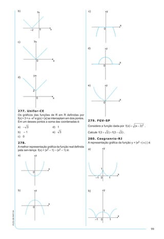 99
PV2D-08-MAT-54
b)	
c)	
d)	
277. Unifor-CE
Os gráficos das funções de R em R definidas por
f(x) = 3 + x –x2 e g(x) = |x| se interceptam em dois pontos.
Em um desses pontos a soma das coordenadas é:
a)	 	 d)	 1
b)	 – 1	 e)	
c)	 0
278.
Amelhor representação gráfica da função real definida
pela sen-tença f(x) = |x2 – 1| – (x2 – 1) é:
279. FGV-SP	
Considere a função dada por .
Calcule .
280. Cesgranrio-RJ
A representação gráfica da função y = |x2 –| x | | é:
 