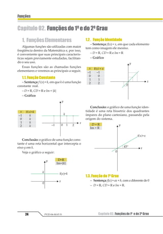 Capítulo 02. Funções do 1º e do 2º Grau24
Funções
PV2D-06-MAT-51
Capítulo02. Funçõesdo1º e do 2º Grau
1. FunçõesElementares
Algumas funções são utilizadas com maior
freqüência dentro da Matemática e, por isso,
é conveniente que suas principais caracterís-
ticas sejam previamente estudadas, facilitan-
do o seu uso.
Essas funções são as chamadas funções
elementares e veremos as principais a seguir.
1.1.FunçãoConstante
– Sentença: f (x) = k, em que k é uma função
constante real.
– D = R, CD = R e Im = {k}
– Gráfico
Conclusão: o gráfico de uma função cons-
tante é uma reta horizontal que intercepta o
eixo y em k.
Veja o gráfico a seguir:
1.2. FunçãoIdentidade
– Sentença: f(x) = x, em que cada elemento
tem como imagem ele mesmo.
– D = R, CD = R e Im = R
– Gráfico
Conclusão: o gráfico de uma função iden-
tidade é uma reta bissetriz dos quadrantes
ímpares do plano cartesiano, passando pela
origem do sistema.
1.3. Função do 1º Grau
– Sentença: f(x) = ax+ b, com a diferente de 0
– D = R, CD = R e Im = R.
 