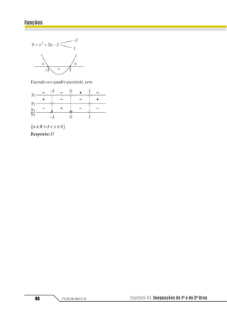 Capítulo 03. Inequações do 1o e do 2o Grau 43
Funções
PV2D-06-MAT-51
1 2 3 4 2 5 67 8 2 9= ∈   1 2
b) Fazendo y1 = x2 – 4x + 3 e y2 = x – 2,
teremos:
1 2 3 4 5 2 6 78 2 9= ∈ ≤  1 2
c) Fazendo y1 = x + 1, y2 = x – 2 e y3 = –2x + 6,
teremos:
1 2 3 4 2 5 67 8 2 9= ∈ ≤ − ≤ ≤1 2
d)
12 3
2 4
5
12 3
2 4
5 6
12 3 2 4
2 4
6
2 1
2 4
6
−
−
≥ ⇒
−
−
− ≥ ⇒
− − −
−
≥ ⇒
−
−
≥
1 2
Fazendo y1 = x – 2 e y2 = x – 3, teremos:
1 2 3 4 2 5 67 2 8= ∈ ≤ 1 2
02. (FGV-SP) Sendo A o conjunto solução
da inequação (x2 – 5x) (x2 – 8x + 12)  0, assi-
nale a alternativa correta:
a) –1 ∈ A
b)
1
2
∈ A
c) {x ∈ R / 0  x  3} ⊂ A
d) 0 ∈ A
e) 5,5 ∈ A
Resolução
Fazendo-se o quadro produto, vem:
 