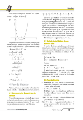 Capítulo 04. Tipos de Funções 51
Funções
PV2D-06-MAT-51
que g(y) = x. Esta função g, que faz o caminho
inverso da função f, é chamada função inver-
sa de f e recebe a notação f–1.
3.2.CondiçãodeExistência
Devemos notar que, para existir a inver-
sa, é necessário que todos os elementos do
contradomínio da função f sejam imagens de
algum elemento do domínio, e mais, de um
único elemento. Desta forma concluímos que
só pode existir inversa da função f se a função
f for bijetora.
Dessa forma, notamos que o domínio da
função f é o contradomínio de f–1 e que o
contradomínio de f é o domínio de f–1.
Assim:
D(f) = CD(f –1) = Im(f –1)
CD (f) = D(f –1) = Im(f)
3.3. Determinação da Inversa
Para a determinação da sentença que re-
presenta a inversa da função f, usaremos o
conceito de função inversa. Enquanto a fun-
ção f toma o elemento x e, por meio da senten-
ça f, apresenta-nos o valor de sua imagem y,
a função inversa f–1 tem como tarefa tomar a
imagem y e, por meio da sentença f–1, apre-
sentar o elemento x. Vejamos essa idéia utili-
zada no exemplo a seguir.
Determinar a função inversa da função
f(x) = 2x – 4
1º) Vamos substituir a notação de imagem de
f(x) por y. Assim: y = 2x – 4.
2º) Para determinar a inversa, devemos “iso-
lar” o x.
Logo, 1 2
2
1
3 4 3
4
= + ⇒ =
+
3º) Podemos dizer que já encontramos a sen-
tença que representa a inversa de f, pois,
para cada imagem y dada, poderemos
obter o elemento x para o qual y serve de
imagem. Porém, para efeito de notação, é
comum permutarmos as letras x e y.
Então: 1
2
=
+ 3
4
4º) Retornando à notação inicialmente usada
para a função, vamos substituir y por
1 2−1
1 2.
Finalmente, teremos 1 2
2−
=
+1 3
4
1 2
3.4.Propriedades
P1) Evidentemente se o par (a, b) pertencer
à função f, o par (b, a) pertencerá à função f –1
e isso representado no plano cartesiano nos
proporcionará uma simetria dos pontos re-
presentados pelos pares (a, b) e (b, a) em rela-
ção à reta y = x (bissetriz dos quadrantes ím-
pares). Isso feito para todos os pares ordena-
dos de cada uma das funções garante-nos que
o gráfico de uma função e da sua inversa são
simétricos em relação à reta y = x(função iden-
tidade)
 