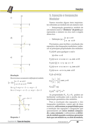 Assim:
|6| = 6, pois 6  0.
|— 7| = —(—7), pois —7  0
É bom lembrarmos que para x = 0, tanto
podemos apresentar |x| = x, como |x| = —x e
então podemos incluir o zero, na definição,
junto com 1 23 1≥ ≤4 4.
4.3.FunçãoMódulo
– Sentença: f(x) = |x|, onde cada elemento
tem como imagem o seu valor absoluto,
ou seja, o seu módulo.
– D = R, CD = R e Im = R+.
– Gráfico: para a construção do gráfico da
função modular, vamos fazer duas consi-
derações:
1º) 1 ≥ ⇒2 f(x) = x, que é a função identidade
(bissetriz do 1º quadrante);
2º) x  0 ⇒ f(x) = —x, que é uma função do 1º
grau decrescente (bissetriz do 2º
quadrante).
 