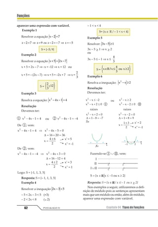 Capítulo 04. Tipos de Funções56
Funções
PV2D-06-MAT-51
Considerando todos os valores reais de x,
teremos o seguinte gráfico para função mo-
dular:
Exercícios Resolvidos
01. (UFV-MG) A figura abaixo é o gráfico
de uma função f: R → R.
A alternativa correspondente ao gráfico x
da função g(x), em que g(x) =+|f(x)|é:
a)
b)
c)
d)
e)
Resolução
Lembrando que 1 1= se x ≥ 0 e 1 1=− se
x  0 teremos:
g(x) = f(x) se f(x) ≥ 0 (parte do gráfico acima do
eixo x) e g(x) = – f(x) se f(x)  0 (parte do gráfico
abaixo do eixo y), isto é, o gráfico da função g será
simétrico do gráfico da função femrelaçãoaoeixox
 