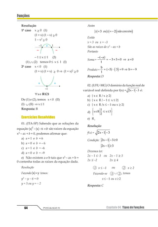 Capítulo 04. Tipos de Funções58
Funções
PV2D-06-MAT-51
e)
Resolução
f(x) = 2x2 – 8 →
f(x) = 1 21
3 − →
Resposta: C
04. Construir o gráfico e apresentar o con-
junto imagem da função
f(x) = 1 + 1
Resolução
Primeiro faremos o gráfico de g(x) = 1 .
Para obtermos o gráfico de f(x) = g(x) + 1 deslo-
camos cada ponto do gráfico da função g uma unida-
de“paracima”.
 
