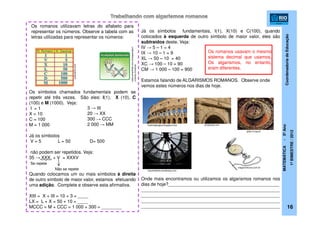 CoordenadoriadeEducação
MATEMÁTICA-5ºAno
1ºBIMESTRE/2012
Os símbolos chamados fundamentais podem se
repetir até três vezes. São eles: I(1), X (10), C
(100) e M (1000). Veja:
I = 1
X = 10
C = 100
M = 1 000
Já os símbolos
V = 5 L = 50 D= 500
não podem ser repetidos. Veja:
35 → XXX + V = XXXV
Quando colocamos um ou mais símbolos à direita
de outro símbolo de maior valor, estamos efetuando
uma adição. Complete e observe esta afirmativa.
XIII = X + III = 10 + 3 = ____
LX = L + X = 50 + 10 = ____
MCCC = M + CCC = 1 000 + 300 = ________
culturamix.com
Se repete
Não se repete
Já os símbolos fundamentais, I(1), X(10) e C(100), quando
colocados à esquerda de outro símbolo de maior valor, eles são
subtraídos deste. Veja:
IV → 5 – 1 = 4
IX → 10 – 1 = 9
XL → 50 – 10 = 40
XC → 100 – 10 = 90
CM → 1 000 – 100 = 900
Estamos falando de ALGARISMOS ROMANOS. Observe onde
vemos estes números nos dias de hoje.
Onde mais encontramos ou utilizamos os algarismos romanos nos
dias de hoje?____________________________________________
_______________________________________________________
_______________________________________________________
_______________________________________________________
_______________________________________________________
historiajaragua.blogspot.com profcardy.com
casulodelola.wordpress.com
magazineluiza.com.br
Os romanos utilizavam letras do alfabeto para
representar os números. Observe a tabela com as
letras utilizadas para representar os números:
3 → III
20 → XX
300 → CCC
2 000 → MM
plato.if.usp.br
Os romanos usavam o mesmo
sistema decimal que usamos.
Os algarismos, no entanto,
eram diferentes.
www.smartkids.com.br/especiais/n
umeros-romanos
16
 
