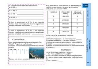 CoordenadoriadeEducação
MATEMÁTICA-5ºAno
1ºBIMESTRE/2012
31
1- Escreva como se leem os números abaixo:
a)13 935 → __________________________________
____________________________________________.
b) 27 409 → __________________________________
____________________________________________.
c) 51 023 → __________________________________
____________________________________________.
d) 66 666 → __________________________________
____________________________________________.
2- Com os algarismos 8, 4, 0, 7 e 5, sem repeti-los,
forme o maior número possível de cinco algarismos e
escreva como se lê esse número →________________
_____________________________________________
____________________________________________.
3- Com os algarismos 2, 4, 3, 5 e 1, sem repeti-los,
forme o menor número possível de cinco algarismos e
escreva como se lê esse número → _______________
_____________________________________________
____________________________________________.
Você sabe qual a extensão (tamanho) da ponte Rio -
Niterói? Pergunte ao seu Professor.
Complete com o número correspondente no quadro de
ordens.
Escreva este número por extenso: _________________
_____________________________________________
____________________________________________.
UM C D UDM
follyimagens.blogspot.com
4- Na tabela abaixo, estão indicados os preços de alguns
modelos de automóvel e o consumo aproximado de
combustível para percorrer 100km.
5- Com a ajuda de seu Professor, responda:
a) O modelo mais caro é o de menor consumo? _______.
b) O modelo mais barato é o de maior consumo? ______.
c) Ordene os modelos de automóveis em ordem crescente
de preços → ___________________________.
d) Ordene os modelos de automóveis em ordem decrescente
de consumo → _______________________.
Leia as dicas abaixo e adivinhe o número...
I – Sou maior que 800 e menor que 900.
II – Sou um número natural e um dos meus algarismos é 4.
III – Sou um número ímpar e a soma dos meus algarismos é
15.
Eu sou o número → _____
MODELO PREÇO (EM
REAIS)
CONSUMO
(EM LITROS)
A 18 613,00 8
B 21 584,00 7
C 27 006,00 12
D 19 508,00 10
E 36 227,00 19
 