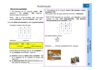 CoordenadoriadeEducação
MATEMÁTICA-5ºAno
1ºBIMESTRE/2012
__ ___ ___
2- Na papelaria do Sr. Augusto, havia 7 291 canetas e foram
vendidas 2 078.
Pelo quadro valor de lugar, podemos encontrar a diferença?
____________.
De maneira prática, temos:
2 9 1
1 6 8
Sobraram canetas na papelaria do Sr. Augusto.
Esta é uma operação de subtração, com recurso à ordem
superior, ou seja, com reagrupamento das dezenas,
transformando-as em unidades. Veja:
___ ___ ___
37
Complete o quadro valor de lugar:
Sobraram ________ cadernos.
Para recordar... 498 - 285 = _____
Outras ideias da subtração são as de completar e
as de comparar quantidades. Vejamos:
a) Quantos cadernos faltam para completar 498
se a papelaria do Sr. Augusto já vendeu 285
cadernos?_________________________ .
b) A diferença entre 498 cadernos existentes e os
285 cadernos vendidos é de________________ .
C D U
4 9 8
82 5
-
C D U
1 6
18
8
192
-
-
8
1
lojasinternet.com
casaarai.com.br
1- Na papelaria do Sr. Augusto, havia 498
cadernos. Ele vendeu 285 cadernos.
Quantos cadernos sobraram?
Havia 498 e foram vendidos 285. Para saber
quantos sobraram, devemos subtrair: 498 - 285
Uma das ideias da subtração é saber quantos sobram.
minuendo
subtraendo
resto ou diferença
____
Ideia de tirar quantidade
____
 